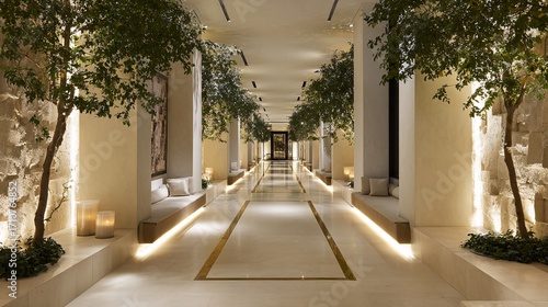 Luxe indoor promenade with trees and warm uplighting