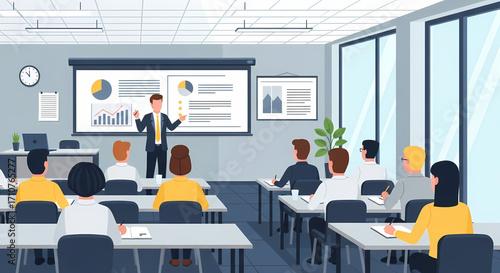 Business meeting with presenter and audience in a modern classroom with projector screen