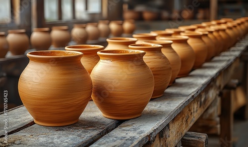 Rows of earthenware pottery on a conveyor belt in a workshop