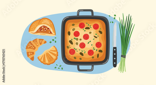 Delicious focaccia bread with fresh cherry tomatoes and herbs served with pastries.