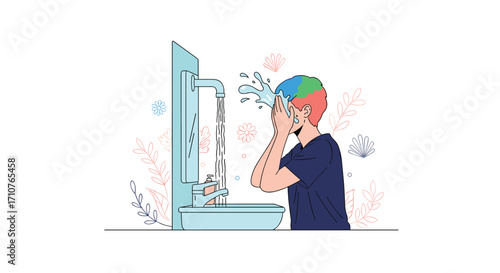 Person washing their face under a running faucet in a clean bathroom. .