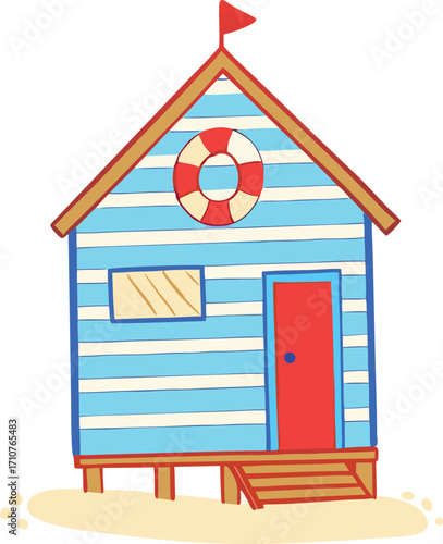 Striped beach hut with life preserver and flag blue white