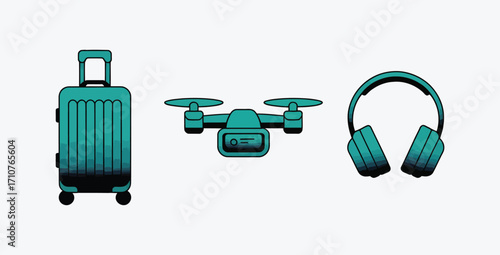 Modern Travel Essentials Set Suitcase Drone Headphones Minimalist Design Teal Color