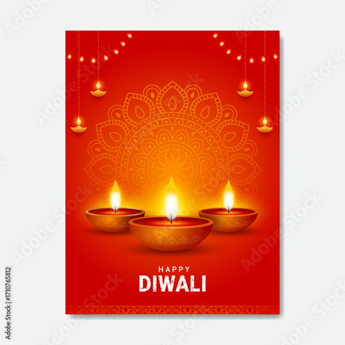 Happy Diwali festival celebration greeting card background, decorative oil lamp, vector illustration