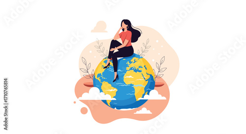 A woman sitting on top of the world symbolizing global connection and unity.