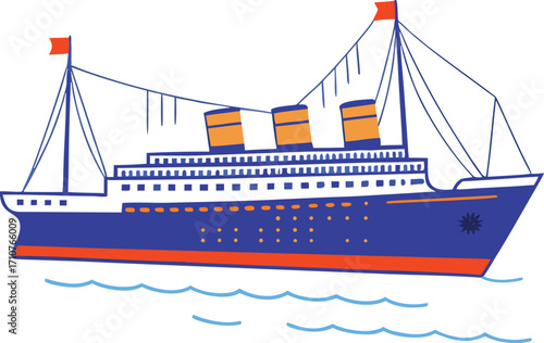 Large blue ocean liner with orange accents and red flags ship vessel