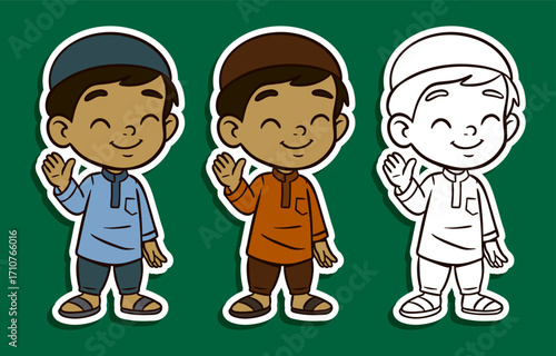 Muslim boy waving hello and smiling sticker illustration