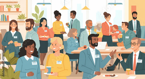 Diverse group of professionals collaborating and socializing in an office break room.