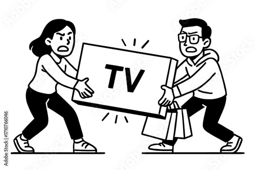 Black Friday Consumerism - Man and Woman Fighting Over a Television