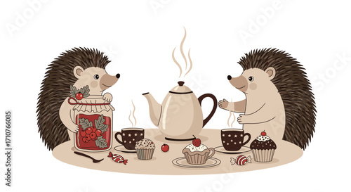 Two adorable hedgehogs enjoy a delightful tea party with sweet treats on a cozy afternoon.