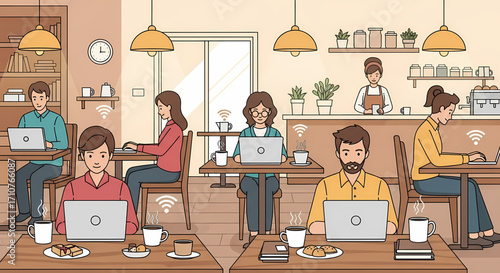 Diverse group of people working and studying remotely in a modern coffee shop with laptops and Wi-Fi