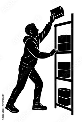 Silhouette of Man Stacking Boxes on a Shelf - Warehouse and Logistics Concept