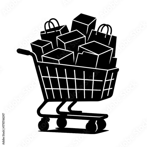 Overflowing Shopping Cart with Boxes and Bags - Shopping Spree Icon