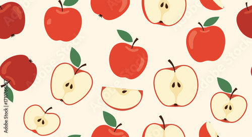 A delightful collection of freshly picked red apples and their juicy halves.