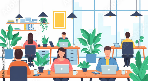 Diverse team working together in a modern, bright office environment with plants and natural light.