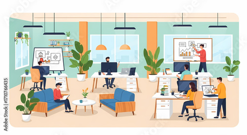 Diverse group of people working collaboratively in a modern, bright office space with plants and technology.