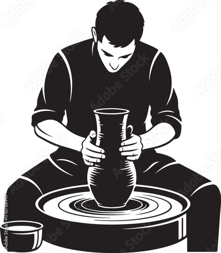 Vector art of man sitting at a pottery wheel, shaping a clay vase with his hands, focused on his craft