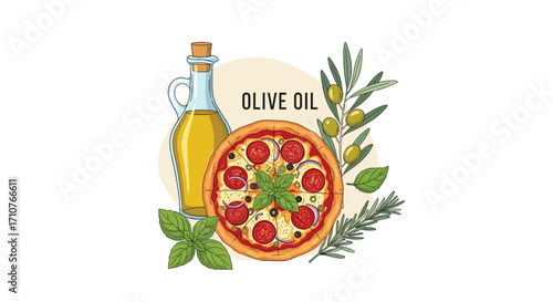 Delicious pizza with fresh ingredients and olive oil for a perfect meal.