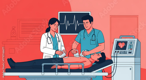 Medical professionals performing defibrillation on a patient on a gurney, with a heart monitor in the background.