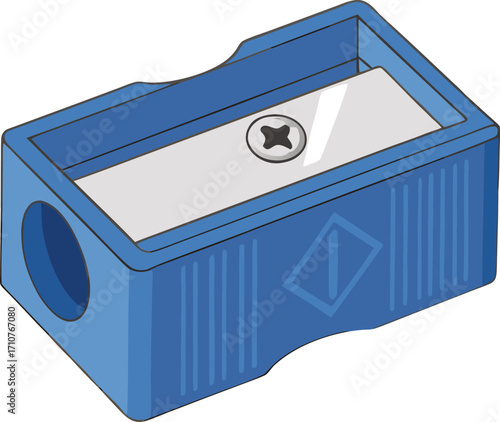 Blue pencil sharpener with silver blade and screw metal