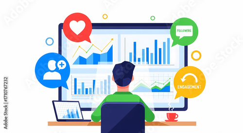 Digital marketing analytics and social media engagement concept
