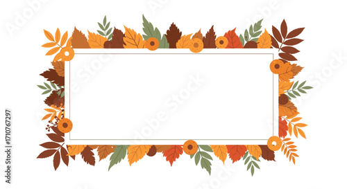A beautiful rectangular frame adorned with colorful autumn leaves and small pumpkins.