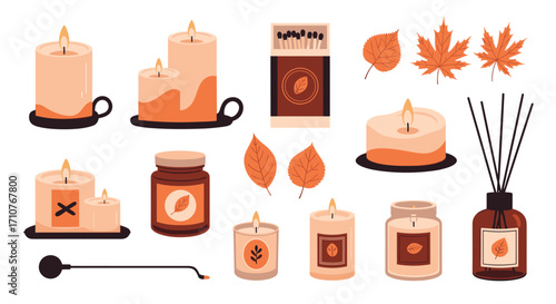 A collection of cozy autumn scented candles and decorative fall elements for home decor.