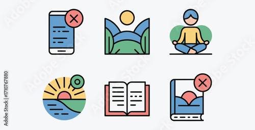 Simple Icons Representing Digital Detox and Mindfulness Practices Collection Set