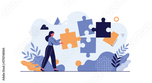 A woman places the last puzzle piece completing a complex strategy or solution.