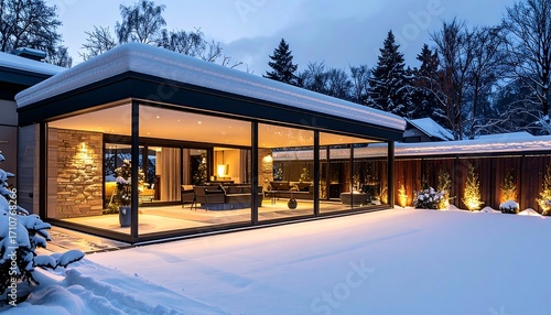 Modern House with Glass Walls in Winter Snow Landscape