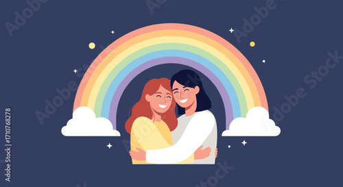 Two women sharing a warm embrace under a vibrant rainbow and starry sky celebrating their love and pride.
