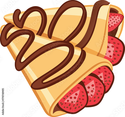 Two rolled crepes with chocolate drizzle and strawberries dessert sweet