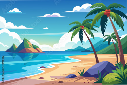 tropical beach with palm trees and sea