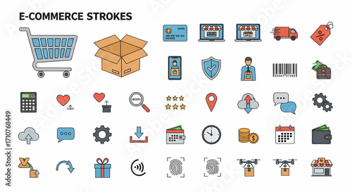 E-commerce Icons and Symbols: Online Shopping, Delivery, Payment, and Business Operations
