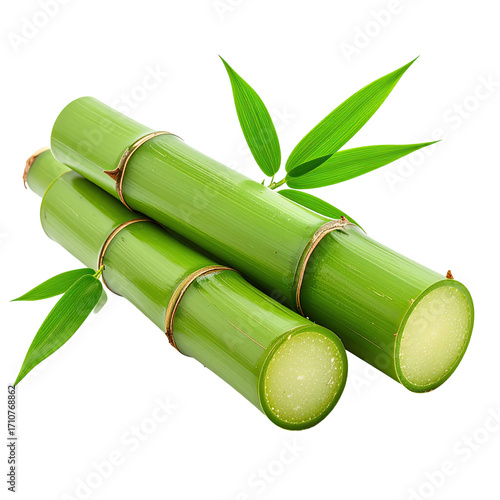 Green sugarcane stalks with leaves