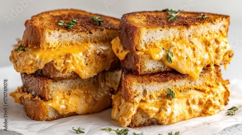 Delicious buffalo chicken grilled cheese sandwiches stacked on top of each other and ready to be served on a white surface