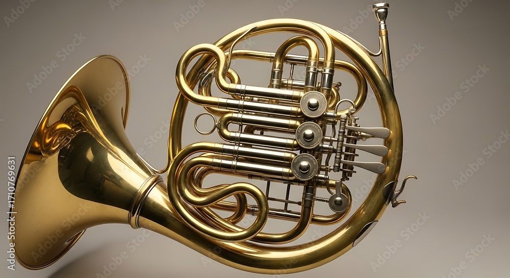 Fototapeta premium Close-up of a shiny brass French horn, a classical musical instrument, against a neutral background.
