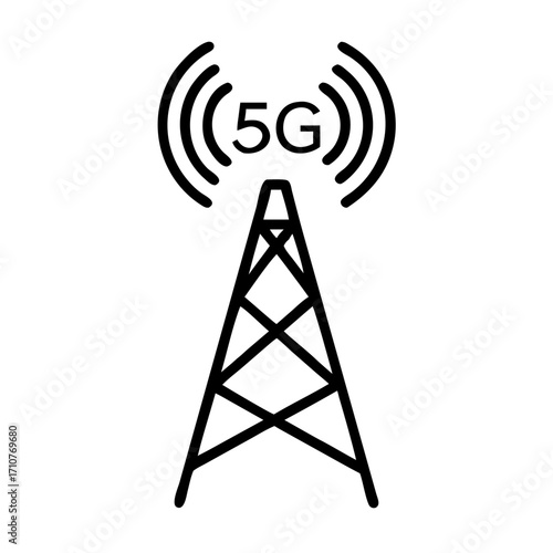 Minimalist black outline vector icon of a 5G antenna tower, symbolizing mobile connection, wireless network, and modern telecommunications, isolated on a transparent background