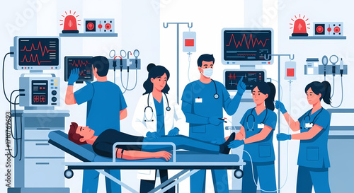Medical team attending to patient in intensive care unit with advanced monitoring equipment.
