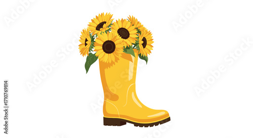A bright yellow rubber boot filled with a bouquet of cheerful sunflowers and green leaves.