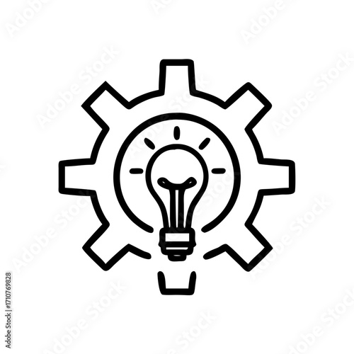 Minimalist black outline vector icon of a lightbulb enclosed in a gear, symbolizing innovation, ideas, and engineering creativity, isolated on a transparent background