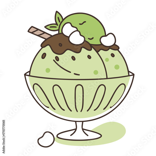 Green ice cream dessert with chocolate topping and wafer vector