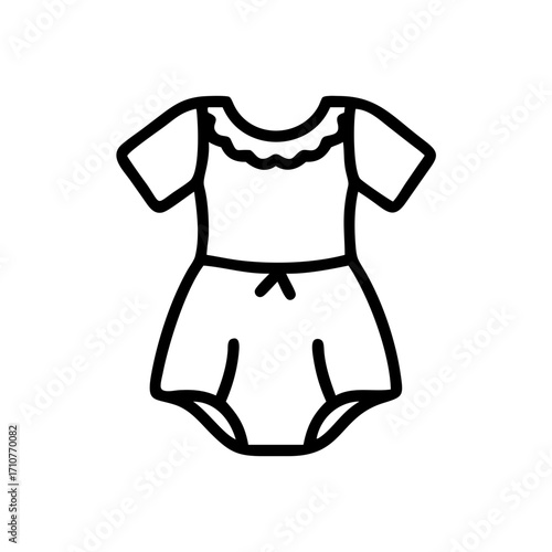 Minimalist black outline vector icon of a baby girl bodysuit dress, symbolizing newborn clothing, infant fashion, and children’s apparel, isolated on a transparent background