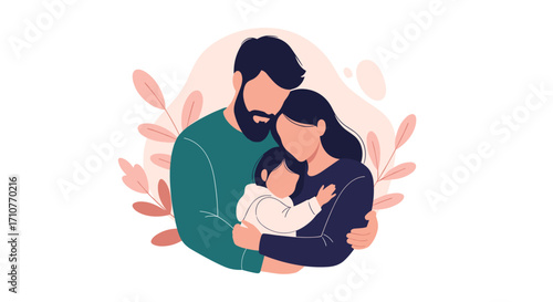 A loving family embraces their young child with warmth and care in this beautiful illustration.