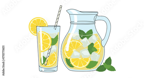 A refreshing pitcher and glass filled with lemonade ice and mint.