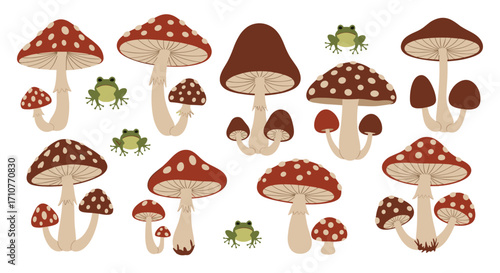 A delightful collection of red and white spotted mushrooms alongside charming green frogs.