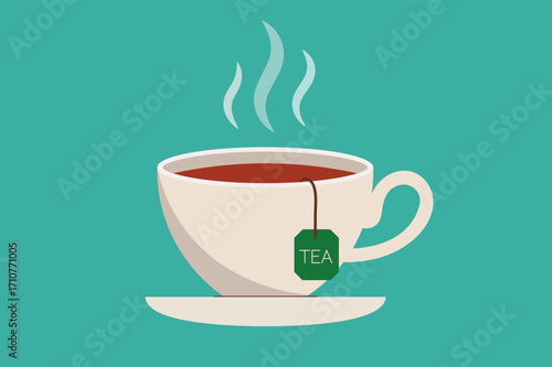 Steaming Cup of Tea with Tea Bag on Teal Background drink beverage
