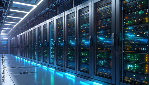 Data Center's Digital Domain: High-tech, server equipment thrives in a futuristic, data center hall, representing the backbone of contemporary digital innovation, conveying efficiency, connectivity.