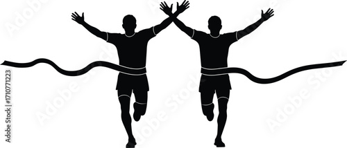 Runners crossing finish line together, silhouette victory moment, sports competition, athletic race, teamwork, triumph, winning celebration, outdoor fitness, dramatic race climax