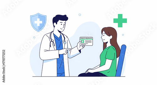 Doctor shows health insurance card to patient, healthcare concept